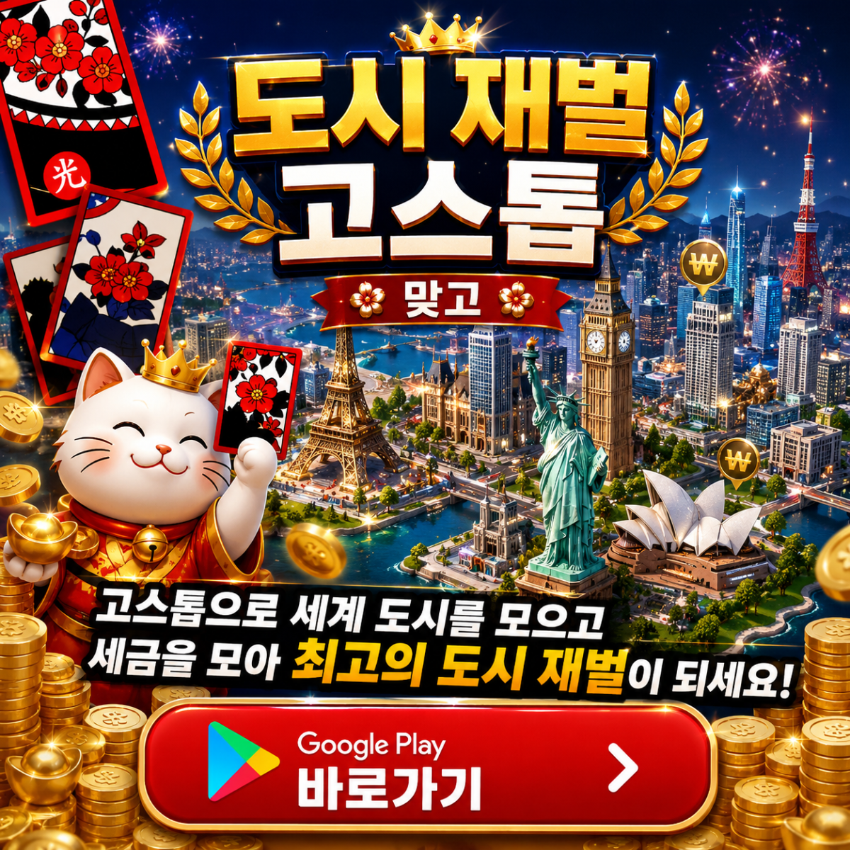 고스톱으로 세계 도시를 수집하고 세금을 모아 최고의 도시 재벌이 되세요!